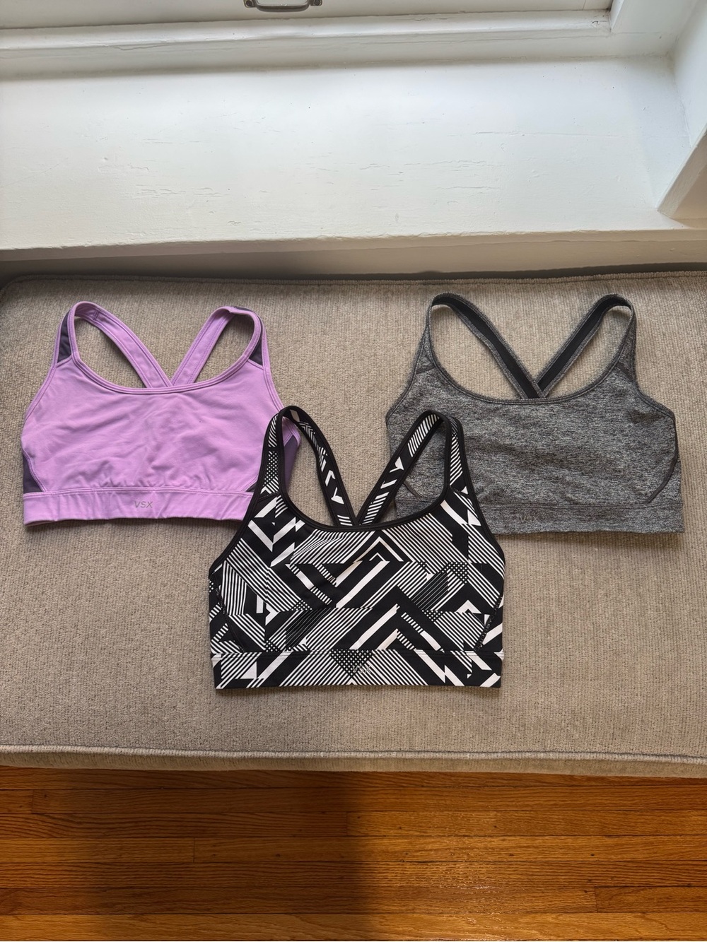 VSX Mixed-Pack Sports Bras — Lavender, Gray & Black/White Print